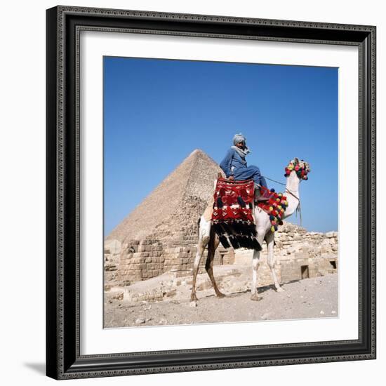 Pyramid Giza Egypt Man on Camel-null-Framed Photographic Print