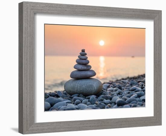 Pyramid of Stones for Meditation Lying on Sea Coast at Sunset-Maxim Blinkov-Framed Photographic Print