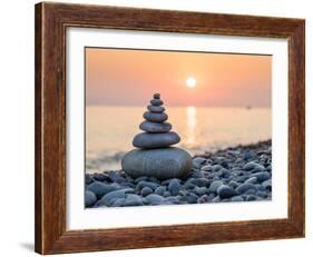 Pyramid of Stones for Meditation Lying on Sea Coast at Sunset-Maxim Blinkov-Framed Photographic Print