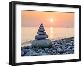 Pyramid of Stones for Meditation Lying on Sea Coast at Sunset-Maxim Blinkov-Framed Photographic Print