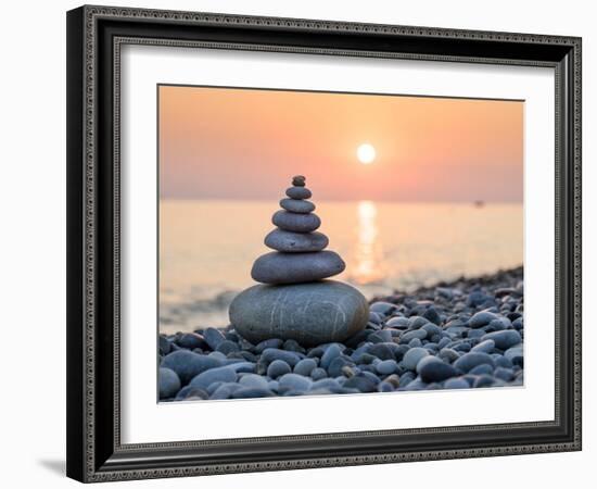 Pyramid of Stones for Meditation Lying on Sea Coast at Sunset-Maxim Blinkov-Framed Photographic Print