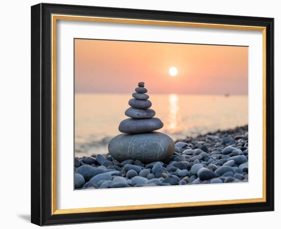 Pyramid of Stones for Meditation Lying on Sea Coast at Sunset-Maxim Blinkov-Framed Photographic Print