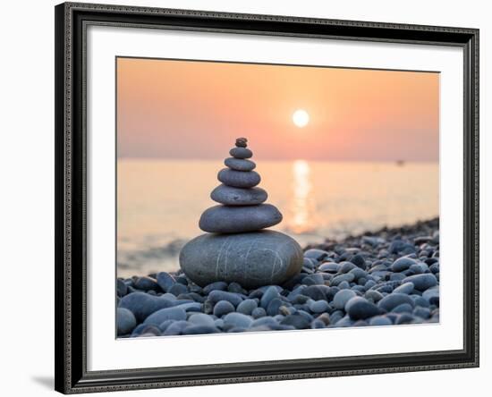 Pyramid of Stones for Meditation Lying on Sea Coast at Sunset-Maxim Blinkov-Framed Photographic Print