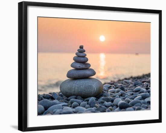 Pyramid of Stones for Meditation Lying on Sea Coast at Sunset-Maxim Blinkov-Framed Photographic Print