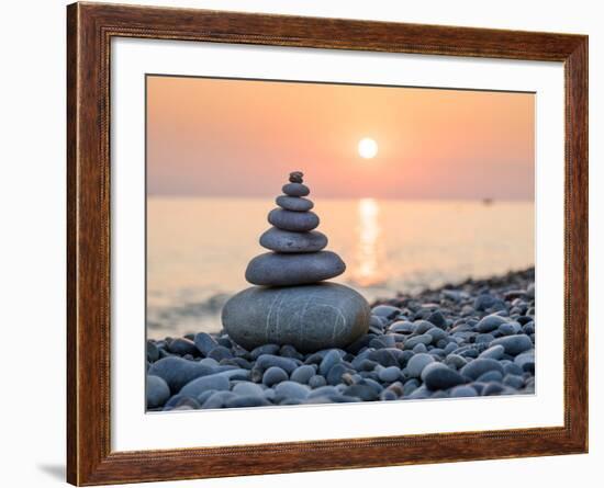 Pyramid of Stones for Meditation Lying on Sea Coast at Sunset-Maxim Blinkov-Framed Photographic Print