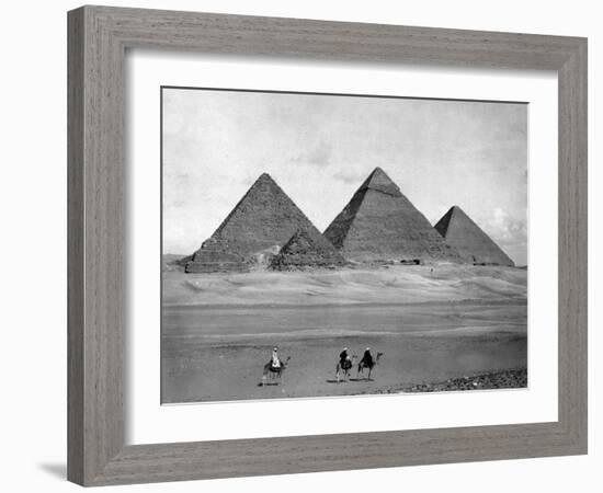 Pyramids and Three Riders on Camels Photograph - Egypt-Lantern Press-Framed Art Print