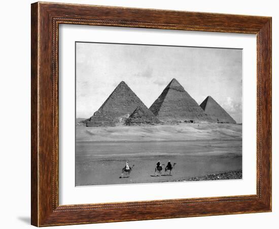 Pyramids and Three Riders on Camels Photograph - Egypt-Lantern Press-Framed Art Print