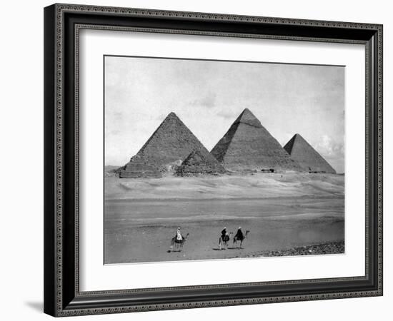 Pyramids and Three Riders on Camels Photograph - Egypt-Lantern Press-Framed Art Print