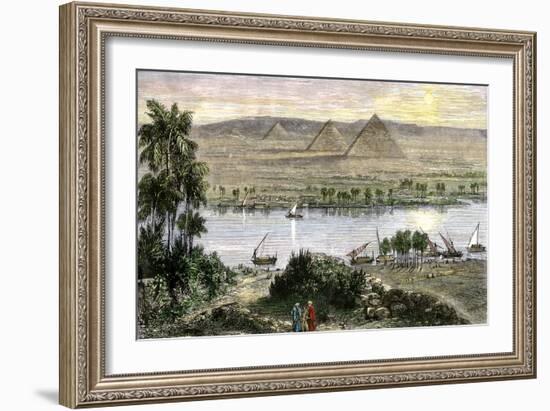 Pyramids at Gizeh, with Dhows on the Nile River in Egypt-null-Framed Giclee Print