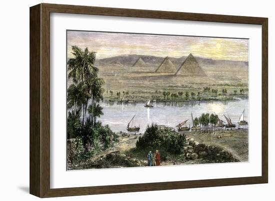 Pyramids at Gizeh, with Dhows on the Nile River in Egypt-null-Framed Giclee Print