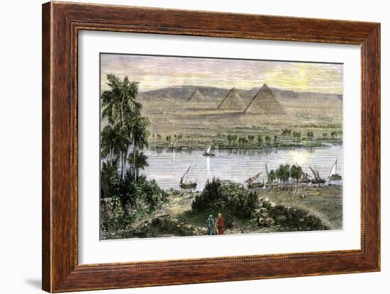 Pyramids at Gizeh, with Dhows on the Nile River in Egypt-null-Framed Giclee Print