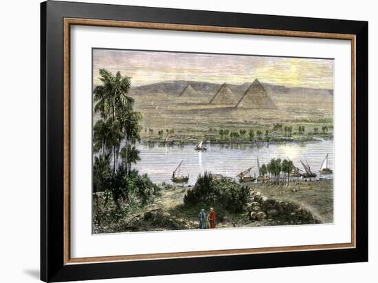 Pyramids at Gizeh, with Dhows on the Nile River in Egypt-null-Framed Giclee Print