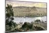 Pyramids at Gizeh, with Dhows on the Nile River in Egypt-null-Mounted Giclee Print