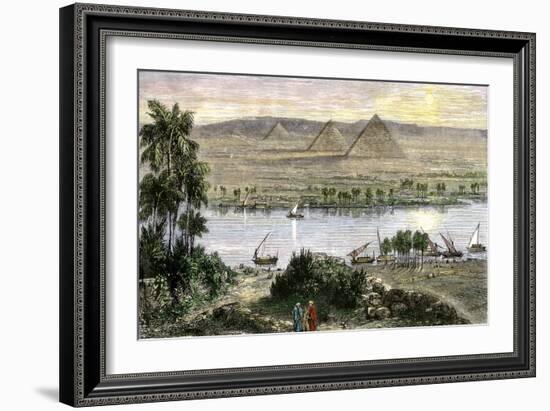 Pyramids at Gizeh, with Dhows on the Nile River in Egypt-null-Framed Giclee Print