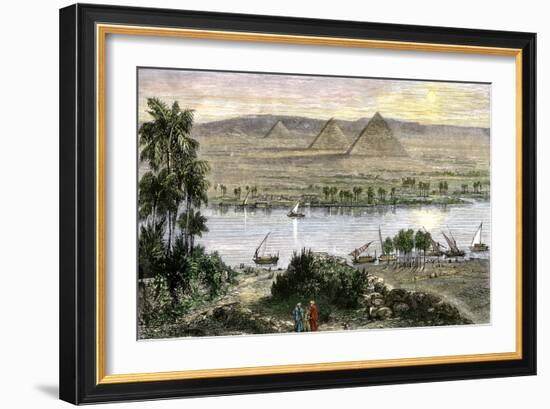 Pyramids at Gizeh, with Dhows on the Nile River in Egypt-null-Framed Giclee Print