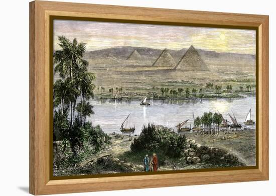 Pyramids at Gizeh, with Dhows on the Nile River in Egypt-null-Framed Premier Image Canvas