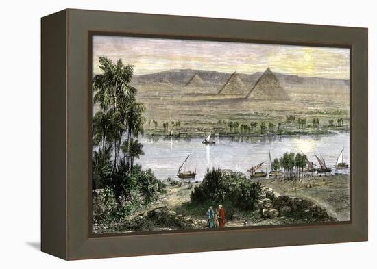 Pyramids at Gizeh, with Dhows on the Nile River in Egypt-null-Framed Premier Image Canvas