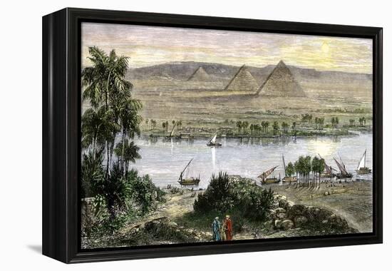 Pyramids at Gizeh, with Dhows on the Nile River in Egypt-null-Framed Premier Image Canvas