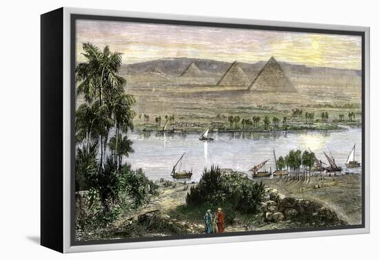 Pyramids at Gizeh, with Dhows on the Nile River in Egypt-null-Framed Premier Image Canvas