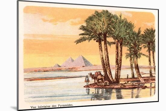 Pyramids from across the Nile, Palms, Camels, Egypt-null-Mounted Art Print