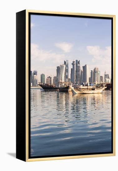 Qatar, Doha. Cityscape with Fishing Boats in the Foreground-Matteo Colombo-Framed Premier Image Canvas