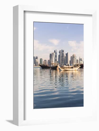 Qatar, Doha. Cityscape with Fishing Boats in the Foreground-Matteo Colombo-Framed Photographic Print