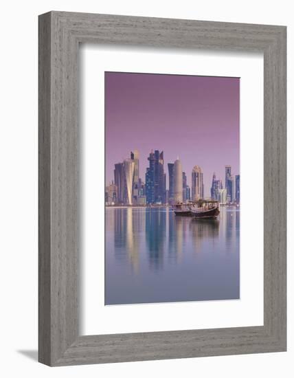 Qatar, Doha, Dhows on Doha Bay with West Bay Skyscrapers, Dawn-Walter Bibikow-Framed Photographic Print