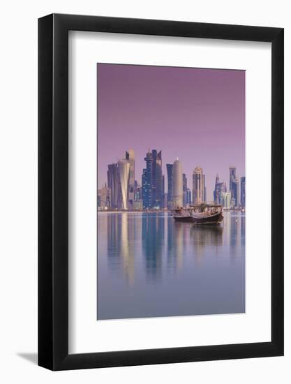 Qatar, Doha, Dhows on Doha Bay with West Bay Skyscrapers, Dawn-Walter Bibikow-Framed Photographic Print