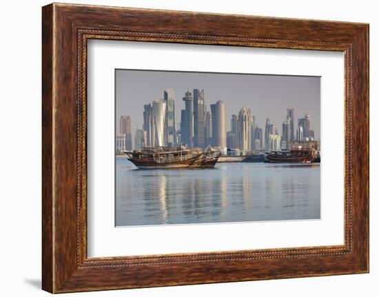 Qatar, Doha, Dhows on Doha Bay with West Bay Skyscrapers, Dawn-Walter Bibikow-Framed Photographic Print