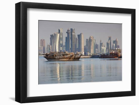 Qatar, Doha, Dhows on Doha Bay with West Bay Skyscrapers, Dawn-Walter Bibikow-Framed Photographic Print