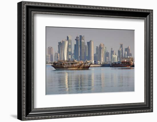 Qatar, Doha, Dhows on Doha Bay with West Bay Skyscrapers, Dawn-Walter Bibikow-Framed Photographic Print