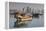 Qatar, Doha, Dhows on Doha Bay with West Bay Skyscrapers, Dawn-Walter Bibikow-Framed Premier Image Canvas