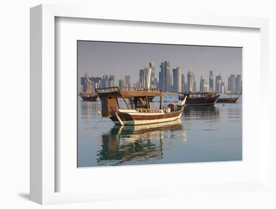 Qatar, Doha, Dhows on Doha Bay with West Bay Skyscrapers, Dawn-Walter Bibikow-Framed Photographic Print