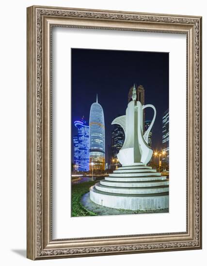 Qatar, Doha, Doha Bay, West Bay Skyscrapers, Dusk, with Large Coffeepot Sculpture-Walter Bibikow-Framed Photographic Print