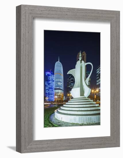 Qatar, Doha, Doha Bay, West Bay Skyscrapers, Dusk, with Large Coffeepot Sculpture-Walter Bibikow-Framed Photographic Print