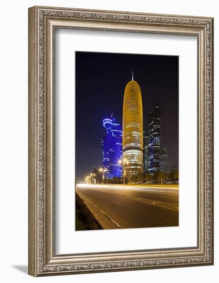 Qatar, Doha, Doha Bay, West Bay Skyscrapers Dusk, with World Trade Center , Gold-Walter Bibikow-Framed Photographic Print