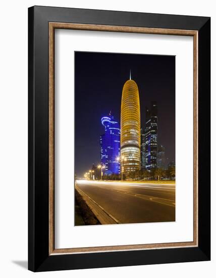 Qatar, Doha, Doha Bay, West Bay Skyscrapers Dusk, with World Trade Center , Gold-Walter Bibikow-Framed Photographic Print