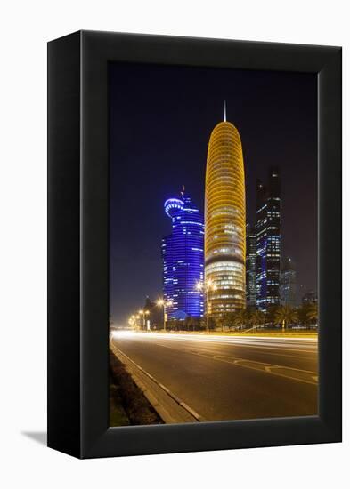Qatar, Doha, Doha Bay, West Bay Skyscrapers Dusk, with World Trade Center , Gold-Walter Bibikow-Framed Premier Image Canvas
