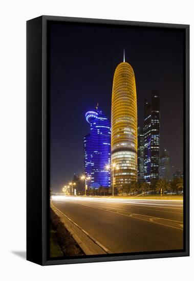 Qatar, Doha, Doha Bay, West Bay Skyscrapers Dusk, with World Trade Center , Gold-Walter Bibikow-Framed Premier Image Canvas