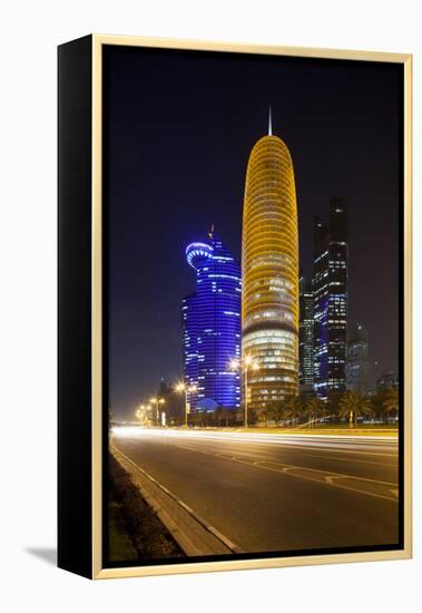 Qatar, Doha, Doha Bay, West Bay Skyscrapers Dusk, with World Trade Center , Gold-Walter Bibikow-Framed Premier Image Canvas