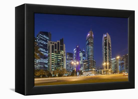 Qatar, Doha, Doha Bay, West Bay Skyscrapers, Dusk-Walter Bibikow-Framed Premier Image Canvas