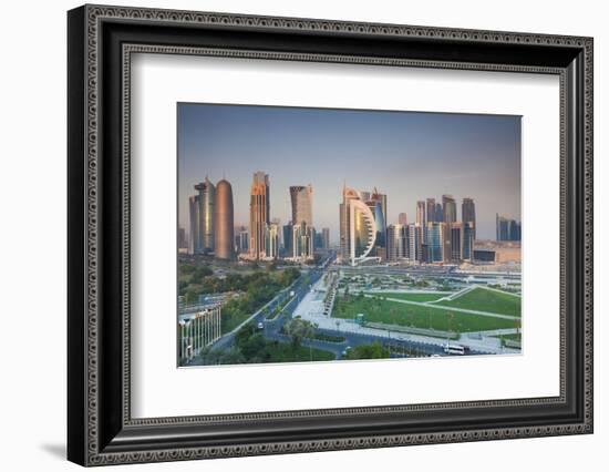 Qatar, Doha, Doha Bay, West Bay Skyscrapers, Elevated View, Dawn-Walter Bibikow-Framed Photographic Print