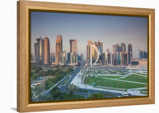 Qatar, Doha, Doha Bay, West Bay Skyscrapers, Elevated View, Dawn-Walter Bibikow-Framed Premier Image Canvas