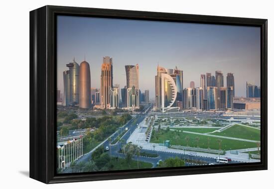 Qatar, Doha, Doha Bay, West Bay Skyscrapers, Elevated View, Dawn-Walter Bibikow-Framed Premier Image Canvas