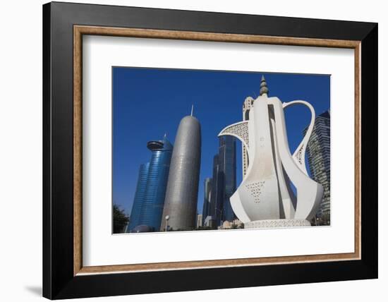 Qatar, Doha, Doha Bay, West Bay Skyscrapers, Morning, with Large Coffeepot Sculpture-Walter Bibikow-Framed Photographic Print