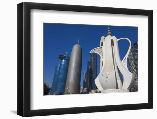 Qatar, Doha, Doha Bay, West Bay Skyscrapers, Morning, with Large Coffeepot Sculpture-Walter Bibikow-Framed Photographic Print