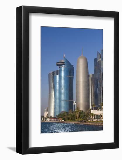 Qatar, Doha, Doha Bay, West Bay Skyscrapers with World Trade Center and Burj Qatar-Walter Bibikow-Framed Photographic Print