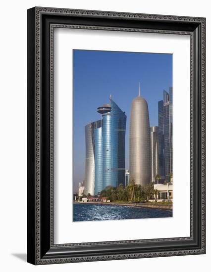 Qatar, Doha, Doha Bay, West Bay Skyscrapers with World Trade Center and Burj Qatar-Walter Bibikow-Framed Photographic Print