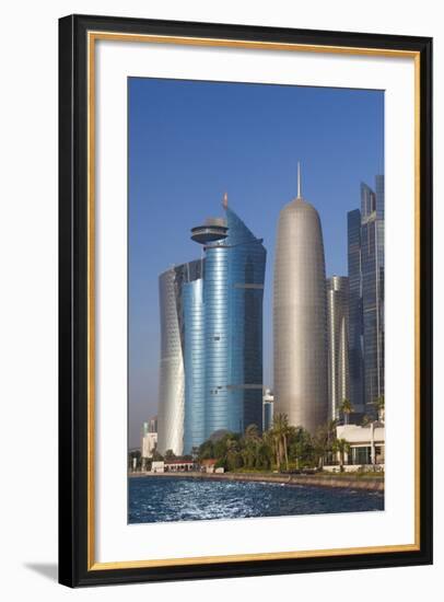 Qatar, Doha, Doha Bay, West Bay Skyscrapers with World Trade Center and Burj Qatar-Walter Bibikow-Framed Photographic Print