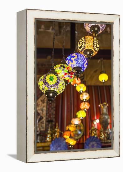 Qatar, Doha, Souq Waqif, Redeveloped Bazaar Area, Traditional Lamps-Walter Bibikow-Framed Premier Image Canvas